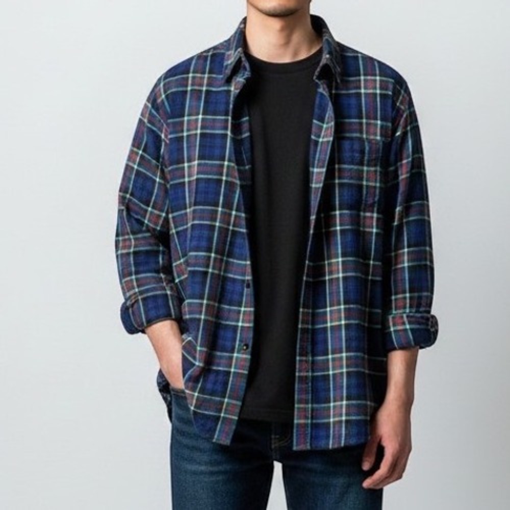 LL Bean Flannel Shirt Mens M Blue Green Plaid Slightly Fitted Cotton Button Down
